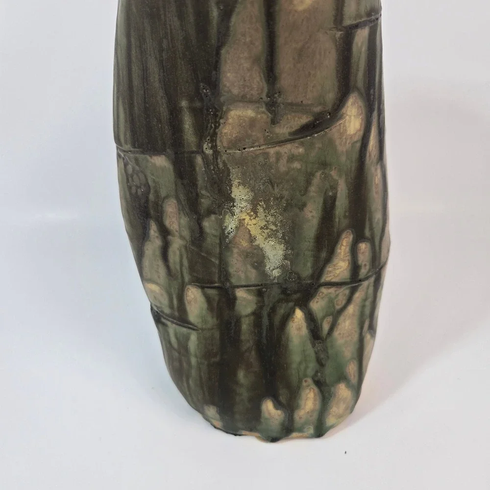 Studio Art Pottery Vase Green Charcoal Drip Glaze Organic Brutalist Stoneware 10